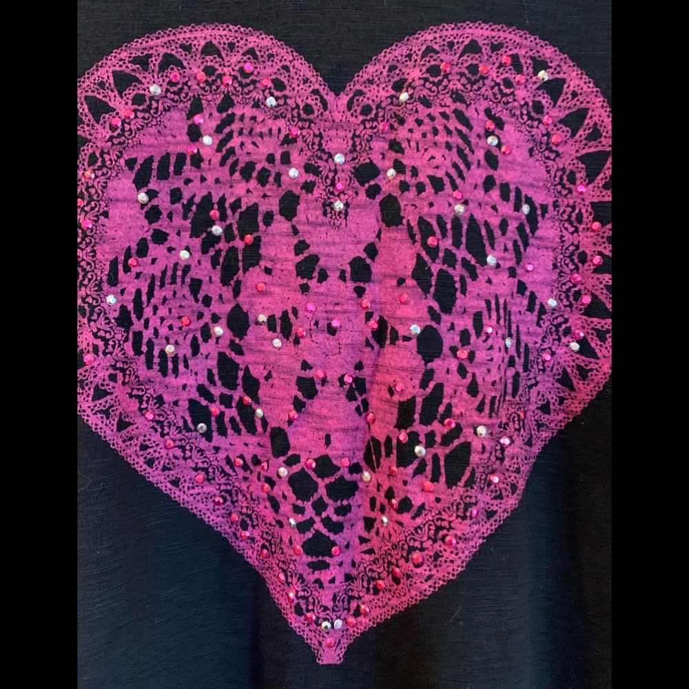 Style & Co. Petite 3/4 Sleeve With Lace Heart Stones And Sheer Bottom